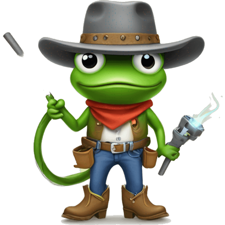 Generate a frog wearing a cowboy hat and boots welding a lasso  emoji