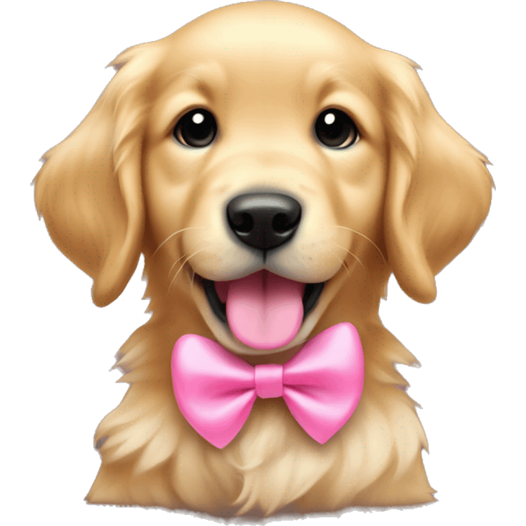 Golden retriever puppy with a pink bow on its ear and sticking its tongue out emoji