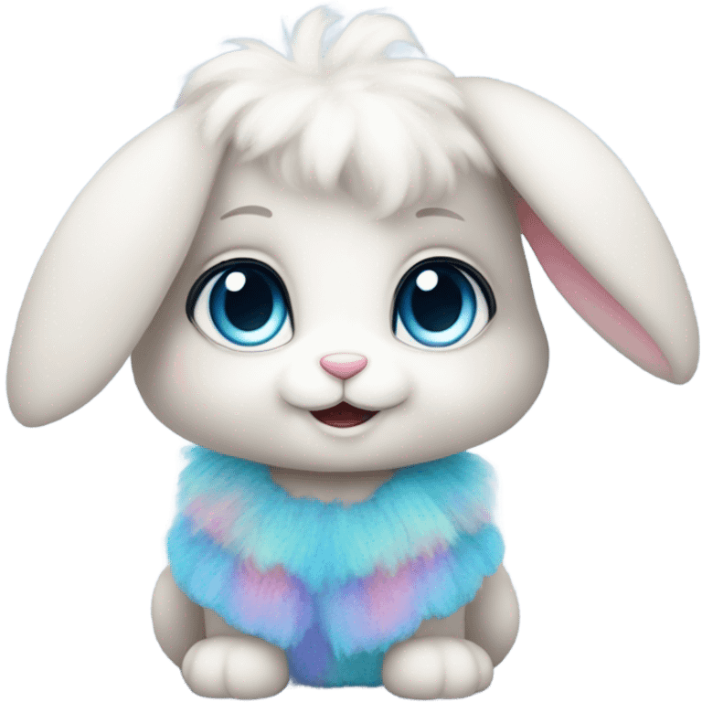 Cute fluffy bunny with big blue eyes wearing rainbow dress emoji