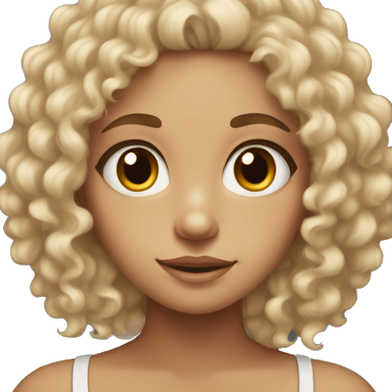 pale but tan skinned girl with 3a curly hair with brown eyes and two beauty marks in the middle of her left check  emoji