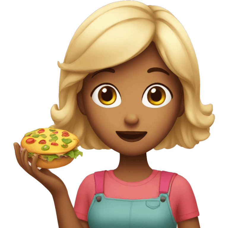 A girl is looking at the food in her hand with surprise emoji