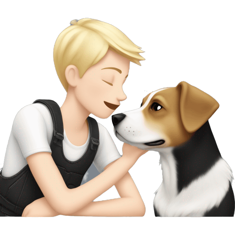 Tom boy with short blonde hair kissing a black and white épagneul breton dog  emoji