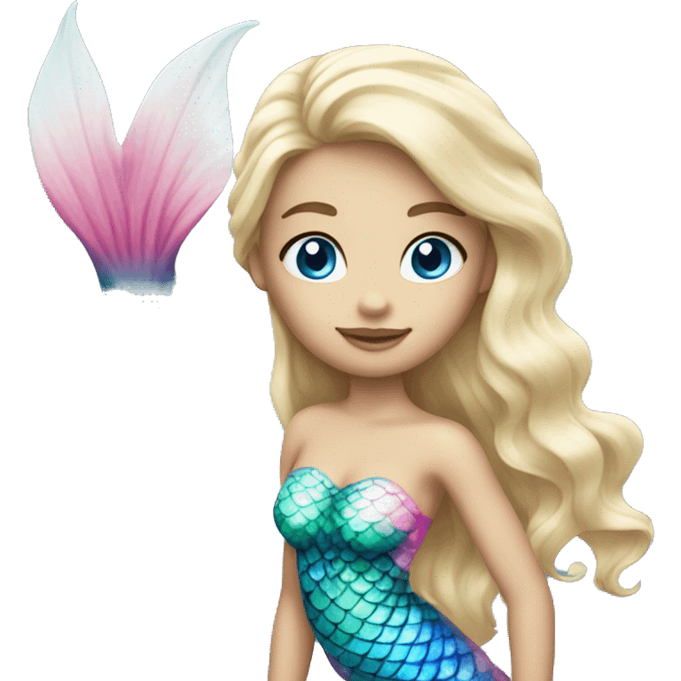 Beautiful, blonde haired, blue eyed, white, mermaid with pink mermaid tail emoji