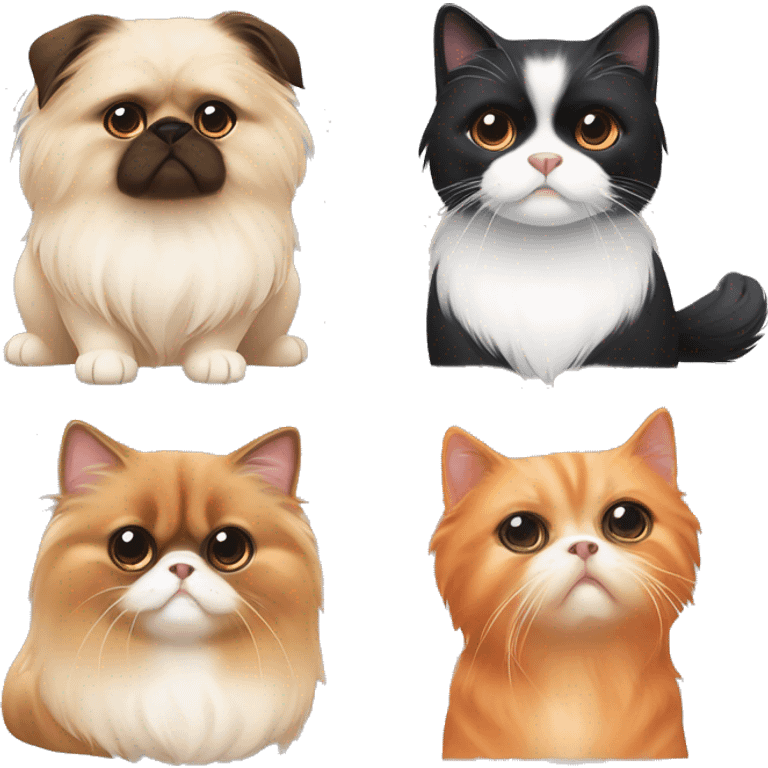 A pekingese dog, 1 orange cat, 1 tuxedo cat and 2 domestic cats sitting together emoji