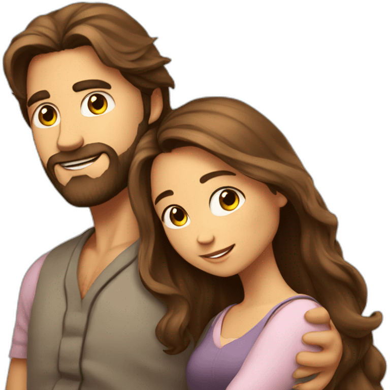 Handsome man whith brown long hair and beard hugging pretty girl emoji