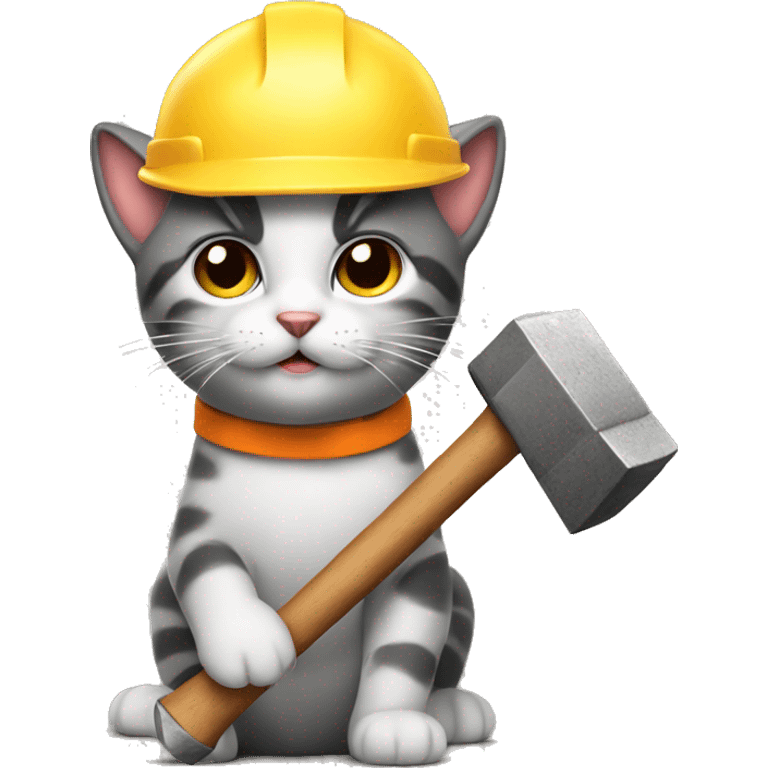 a cat wearing a hardhat holding a sledgehammer emoji