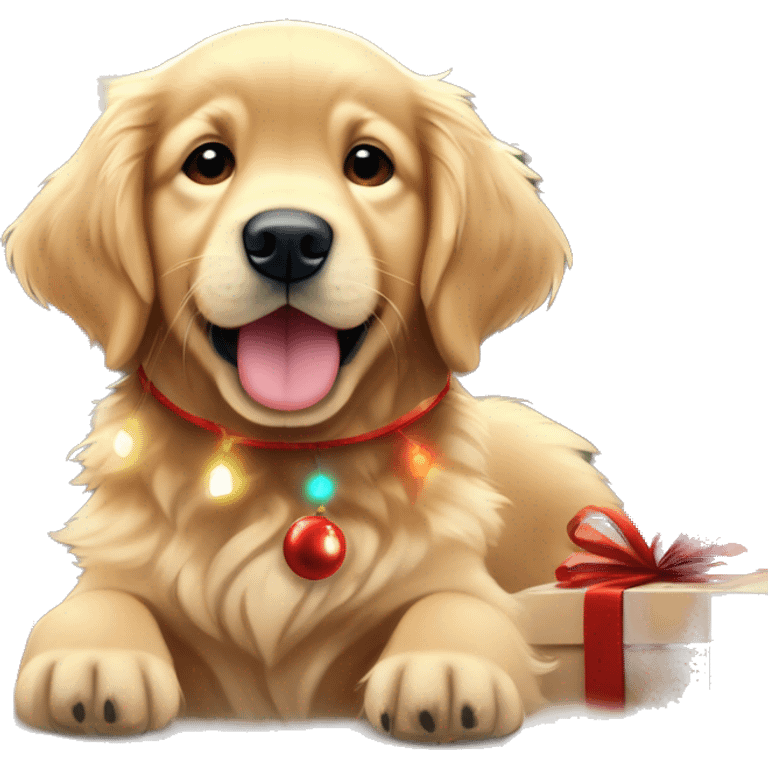 Golden retriever puppy cute with reindeer antlers and a red nose in front of a decorated Christmas tree with Christmas lights ￼ emoji