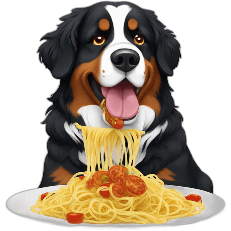 Bernese mountain dog eating spaghettis and salsa emoji