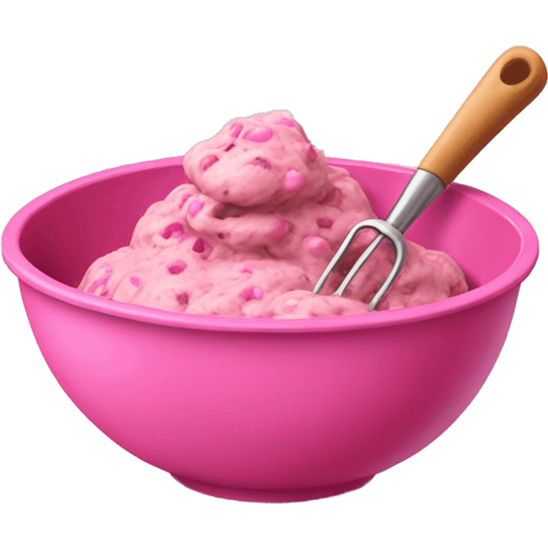 Realistic pink mixing bowl of cookie dough and with pink wisk in the bowl with it. emoji