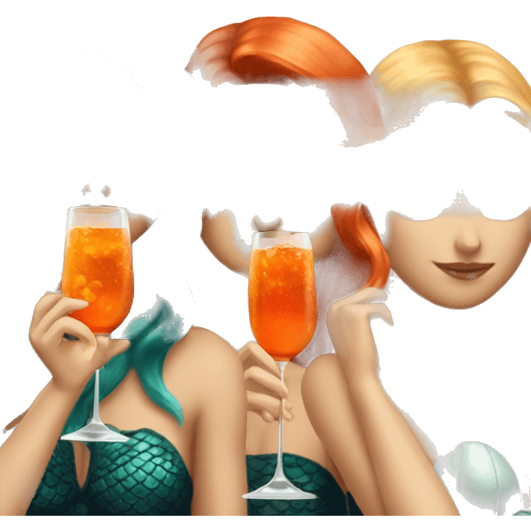 Three beautiful mermaids (one blond, one brown and one red hair) drinking aperol emoji