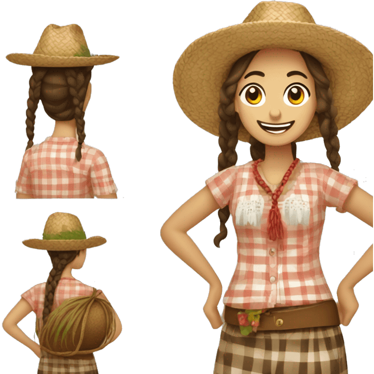 Festa Junina country woman with straw hat, braided hair, checkered clothes emoji