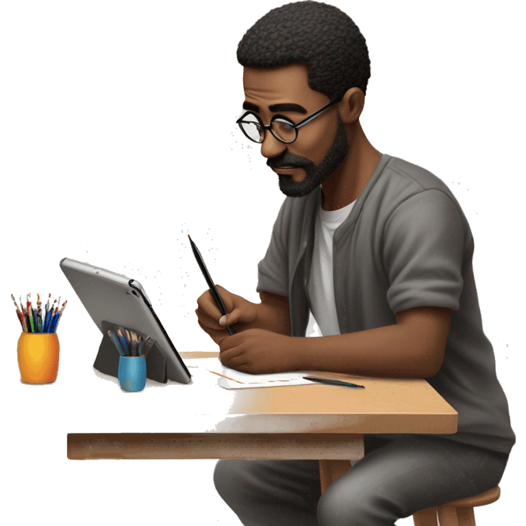 👨‍🎨📱✍️ A creative man is focused, drawing on an iPad with a stylus. He has a look of concentration on his face, using the iPad placed on a table. The background is bright, with art tools like brushes and pencils around him. 🎨 emoji