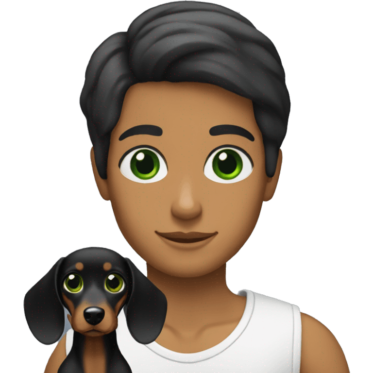 Lebanese with green eyes holding a black dachshund emoji