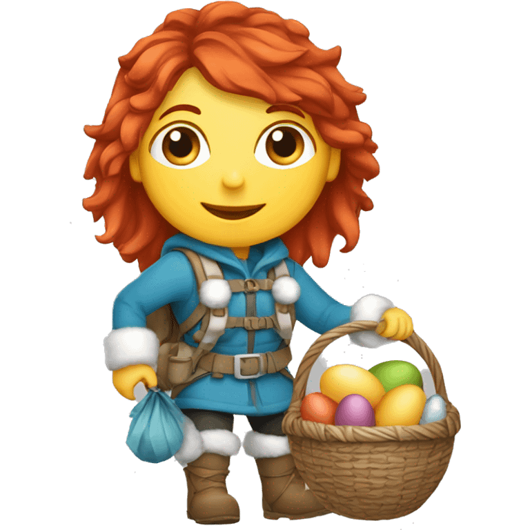 red hair female winter mountaineer climbing with Easter eggsbasket and Greek flag emoji