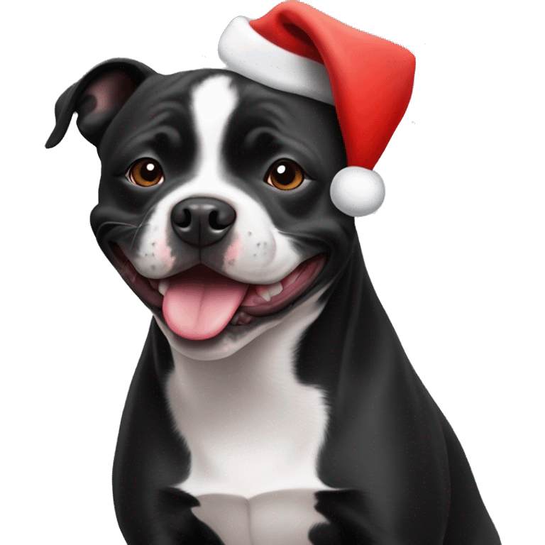 Black staffie smiling with santa’s hat emoji