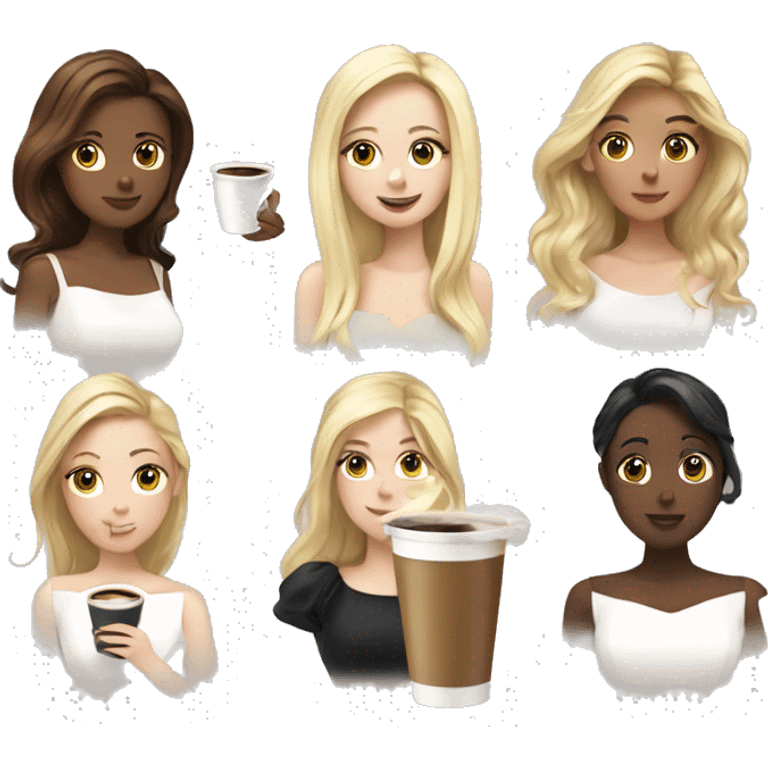 Four beautiful white european girls, one with blond hair and two dark blond hair in dresses have coffee emoji