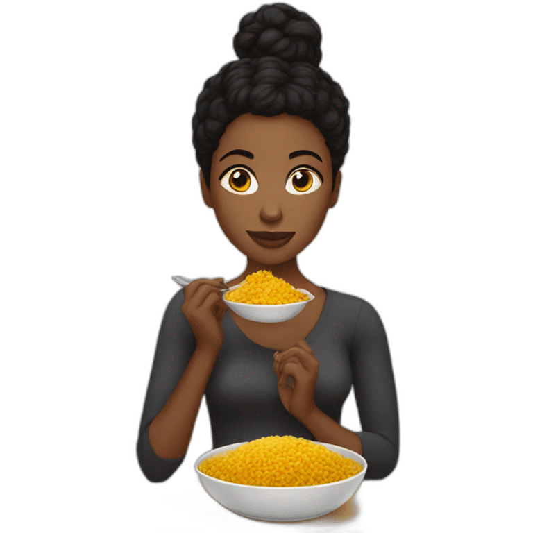 Black woman with black short hair in a bun, eating rice with curry emoji