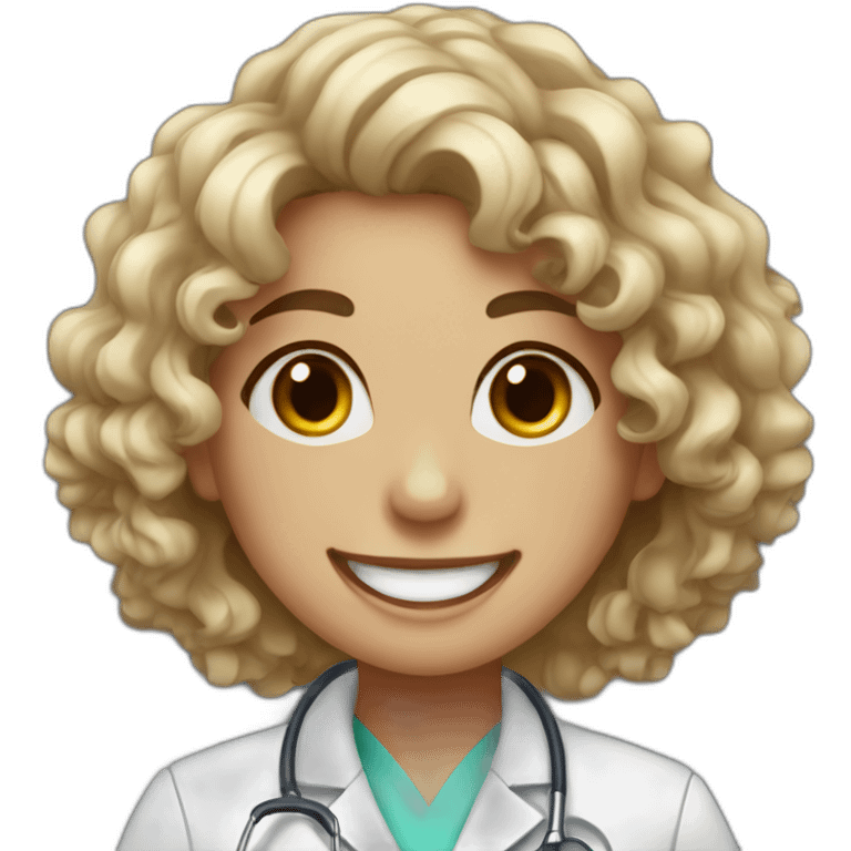 Doctor Girl with curly hair upto her shoulders and mild freckles laughing emoji