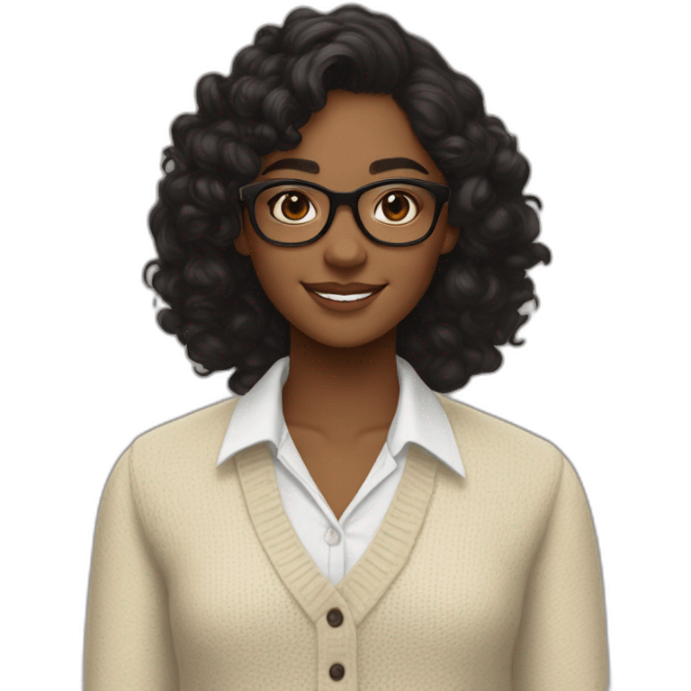 smiling dark skin indian teenage girl with black curly hair and glasses wearing a collared long sleeve white shirt under a beige v shaped collar sweatervest with no buttons emoji