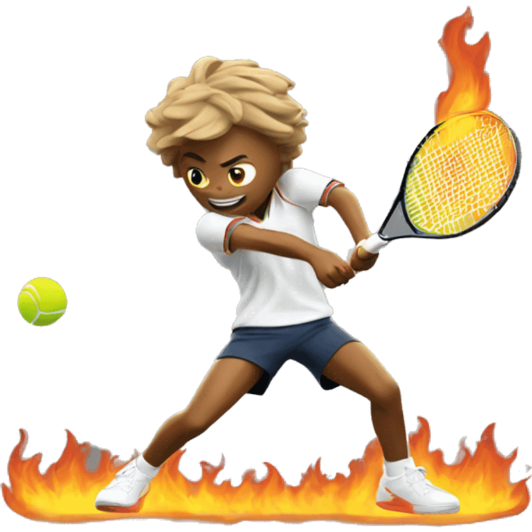 tennis player hitting tennis ball to flames emoji