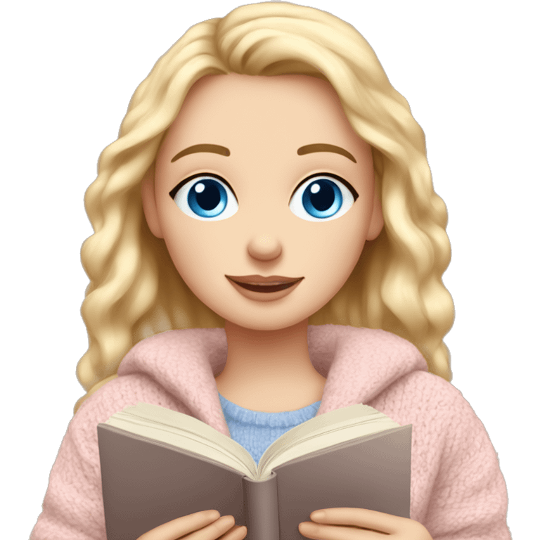 Pretty blue eyed white girl with light pink sweater reading cozy emoji