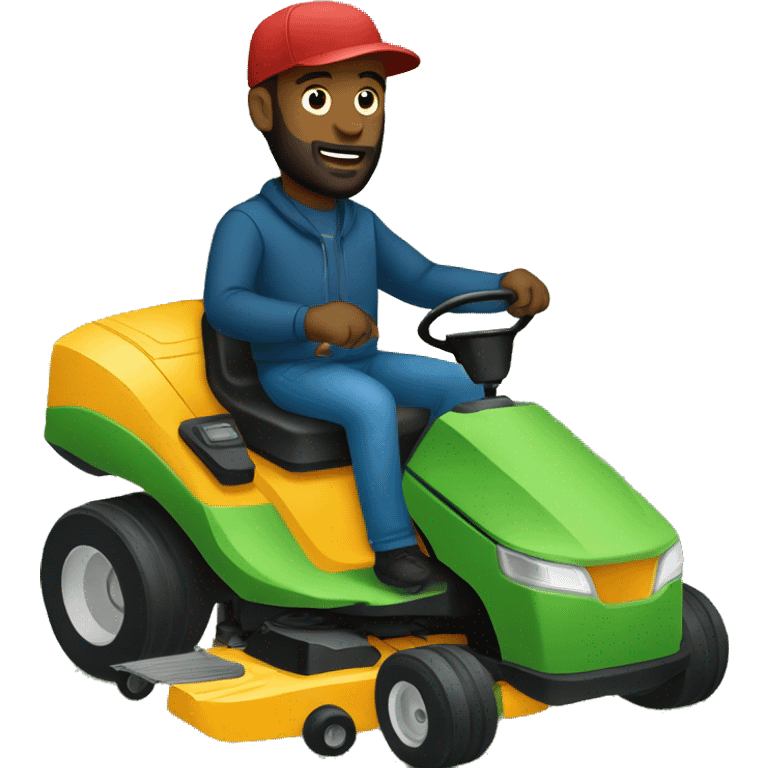 black man with a beard and a winter hat sitting on a lawn mower with a straight face emoji