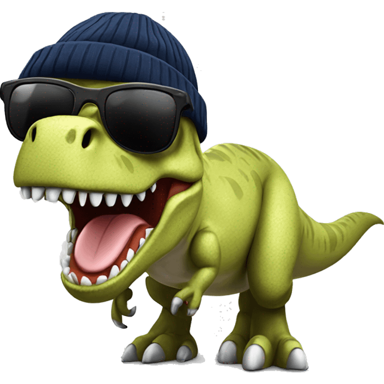 smiling t-rex with sunglasses and a beanie hat emoji