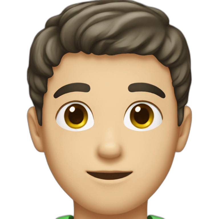 A young man with very short dark hair and light green eyes and dig cheeks emoji