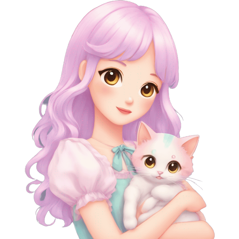 Gorgeous pastel anime style lady with blushing face and holding a kitten cottagecore fairycore pastelcore colorful pearly romantic simplistic aesthetic trending style emoji