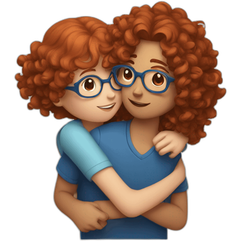 girl with curly red hair and blue glasses hugging a boy with brown hair emoji