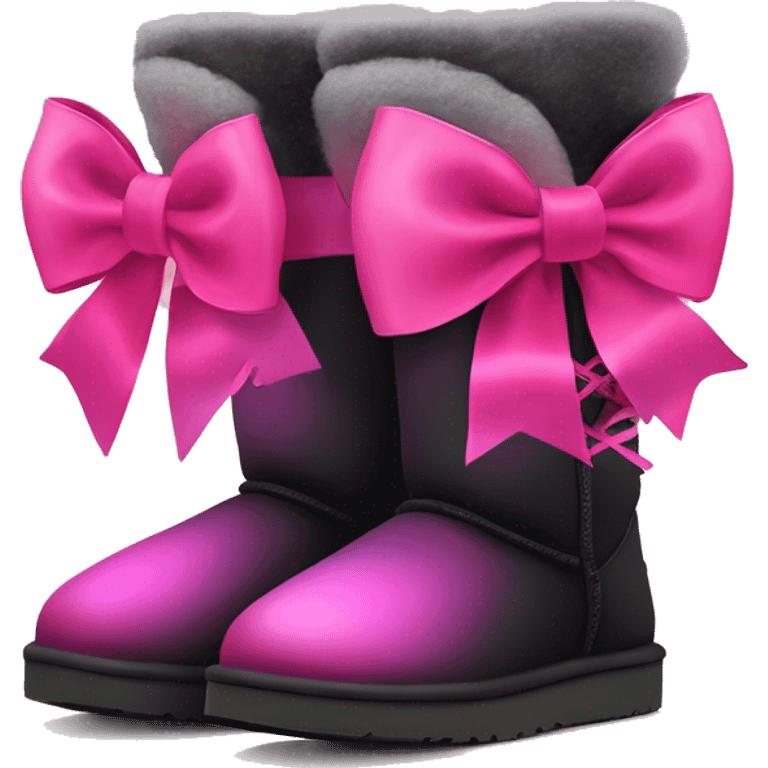 Pair of black and hot pink ombre Ugg fur boots laced up with pink silk ribbon bows. emoji