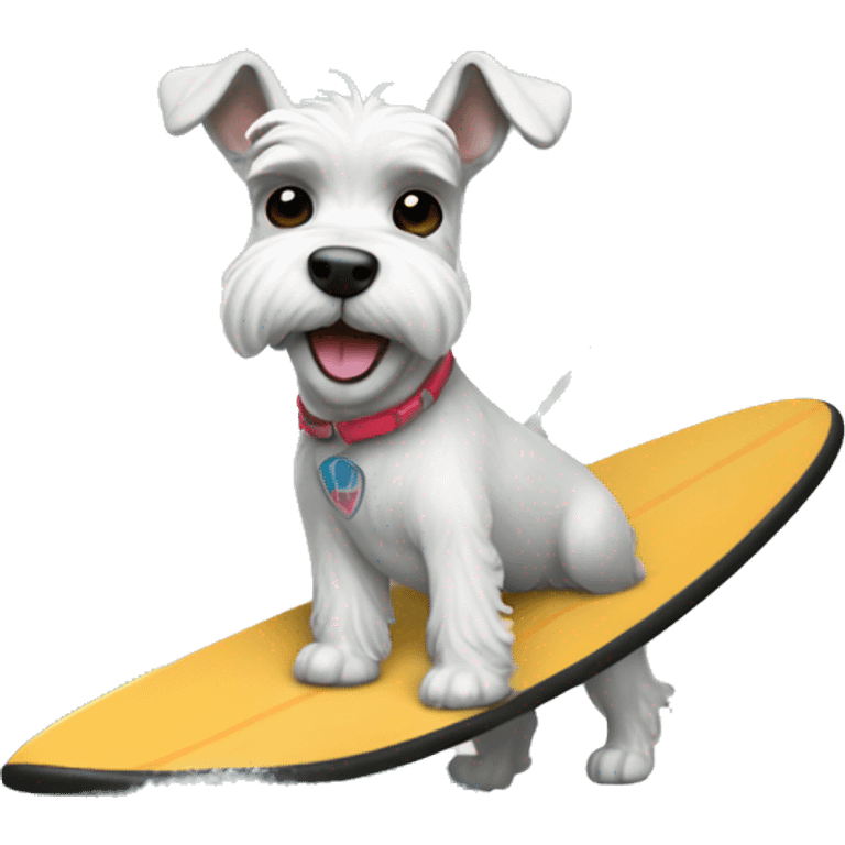 White fun schnauzer riding surf board emoji