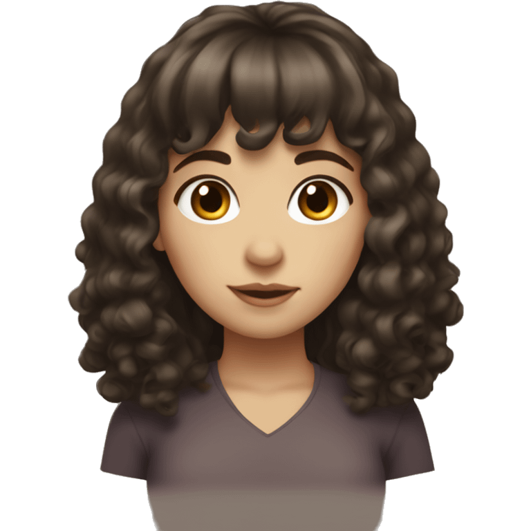 A girl with long dark brown curly hair with white skin tone and brown eyes and full bangs emoji