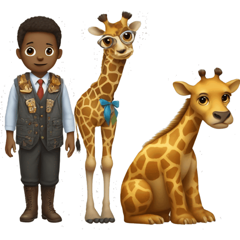 a child dressed up with the feet of a giraffe, the arms of an eagle and the head of a beaver. emoji