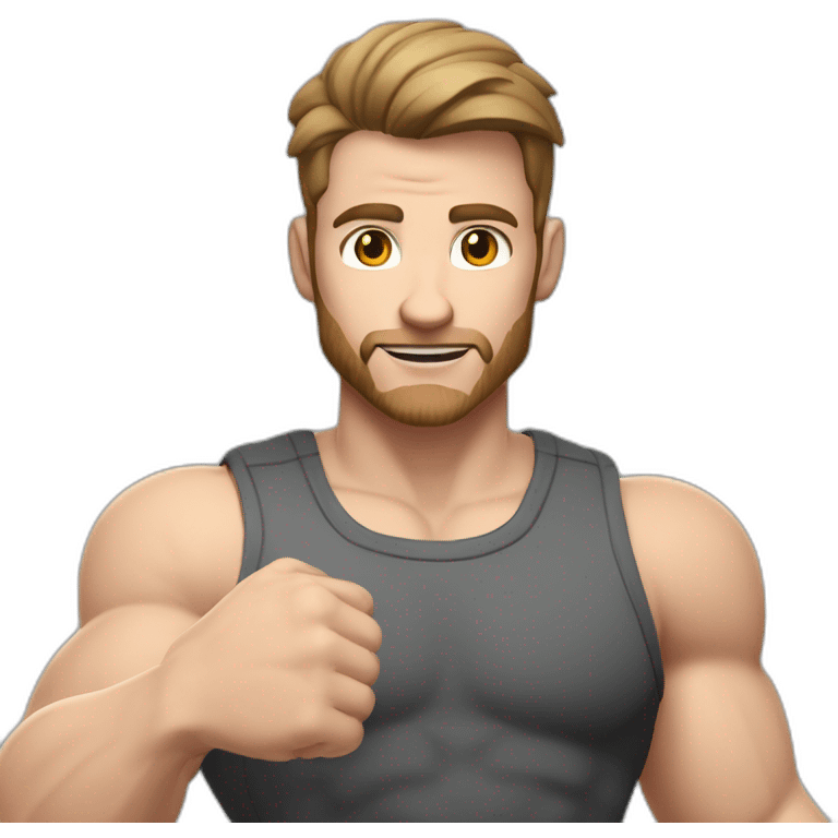 Close up Actively gesturing  with hands Pale skinned Fit Man With the biceps and brown hair in dark gray Sleeveless Mike, black oversize sports shorts, watch and white Sneakers emoji