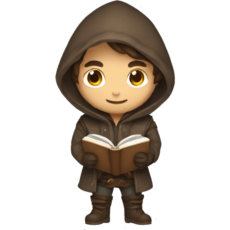 human male rogue with brown hair holding a book wearing a hood smiling emoji