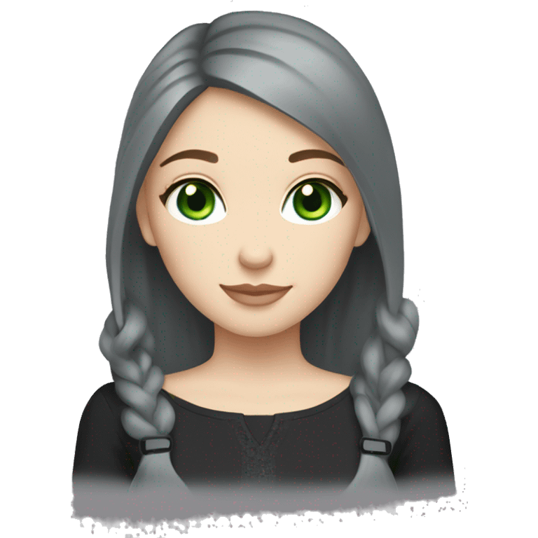 girl with brown hair and blue eyes wearing black and holding grey fat Russian blue cat with green eyes  emoji