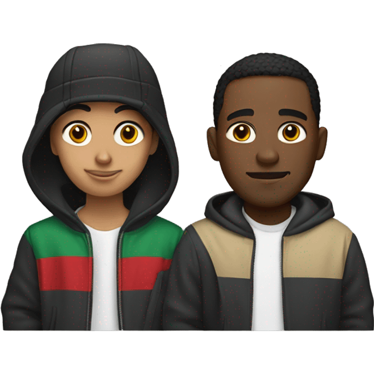 Mexican guy and black guy couple wearing streetwear emoji