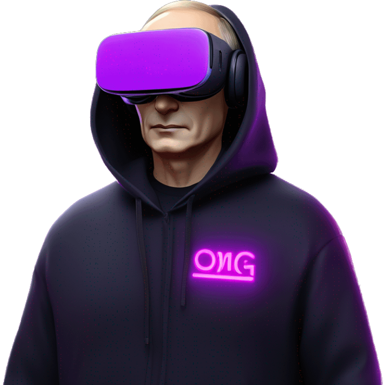 Vladimir Putin wearing a black hoodie with "OMG" letters on it and VR headset oculus quest 2 in a cyberpunk VR environment with violet neon lighting. emoji