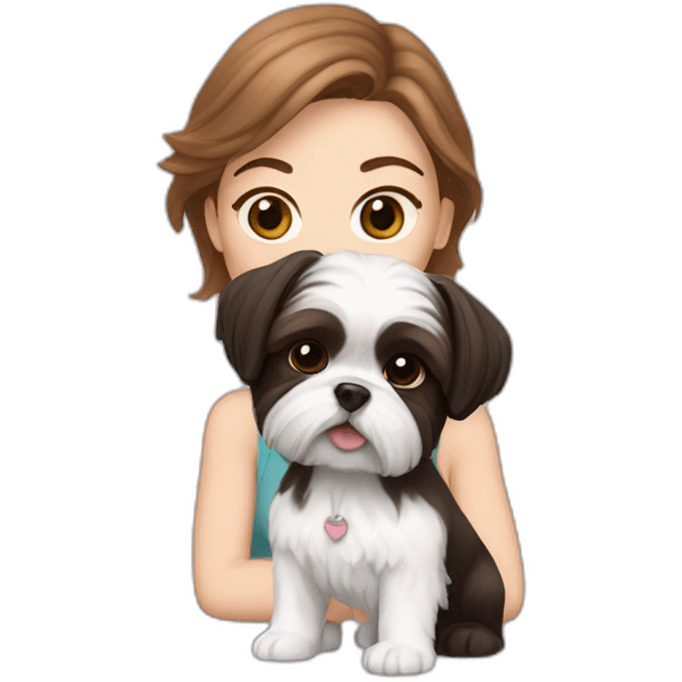 A white woman with brown hair accompanied by a white and black Shih Tzu puppy emoji