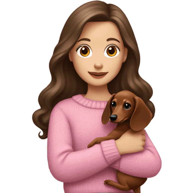 Brunette white girl with long hair in a pink sweater holds a dachshund long haired puppy in her arms emoji