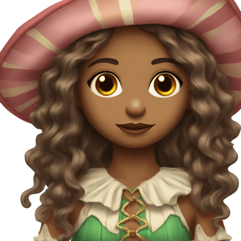 beautiful moody pastoral circus elf with long brown hair with beach waves, and brown eyes fair/medium skin emoji