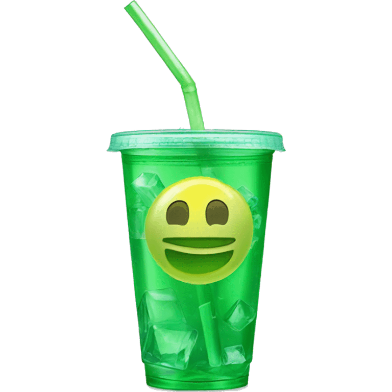 Realistic plastic cup and lid with Transluscent green soda and large ice cubes inside and one straw through the top of the lid. emoji