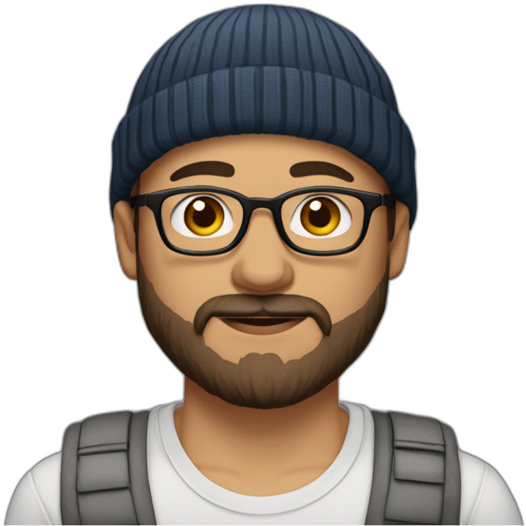 hasan abi, light skinned, turkish american, early 20s male, tanktop and beanie, brown hair, beard and mustache, thin rimmed glasses emoji