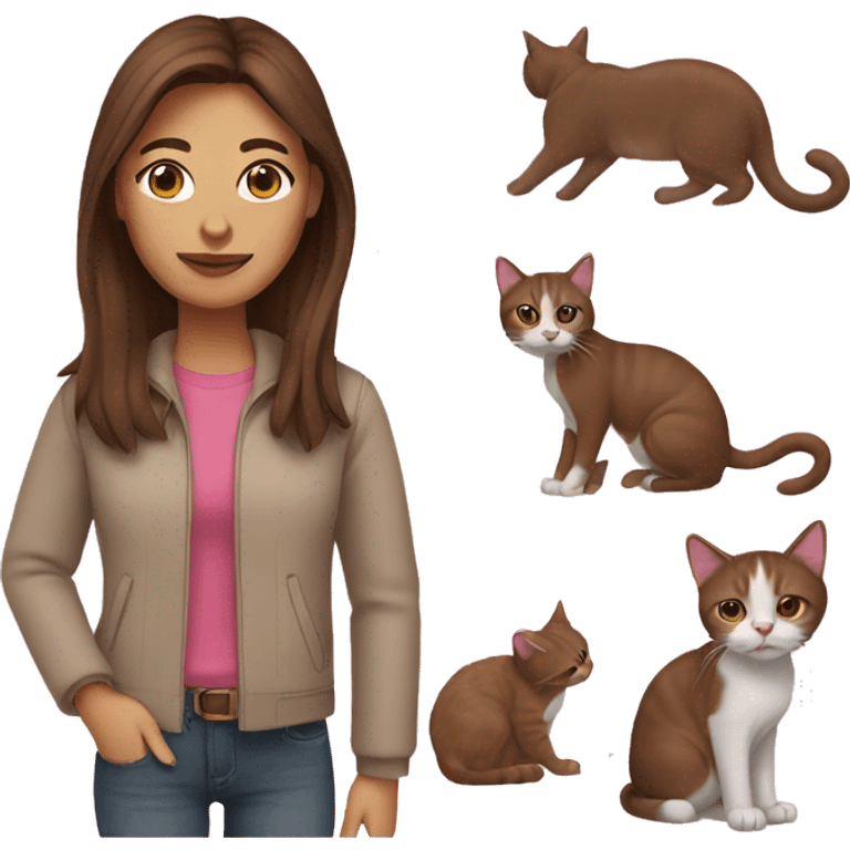 A woman with straight brown hair and a pink cat emoji