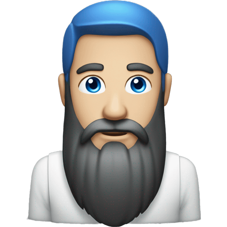 long beard. blue eyes. behind laptop. male.  emoji