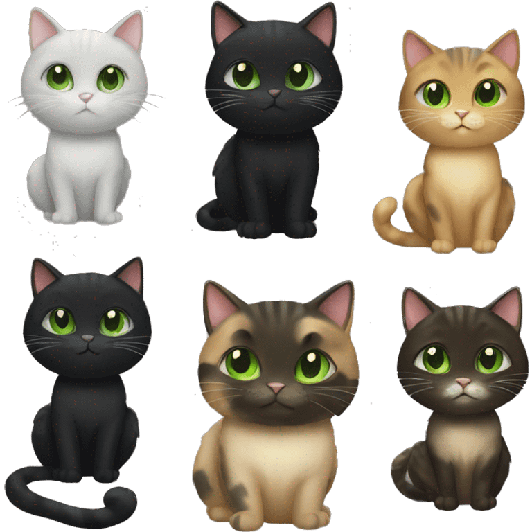 long haired black cat with green eyes and tortoise tabby cat emoji