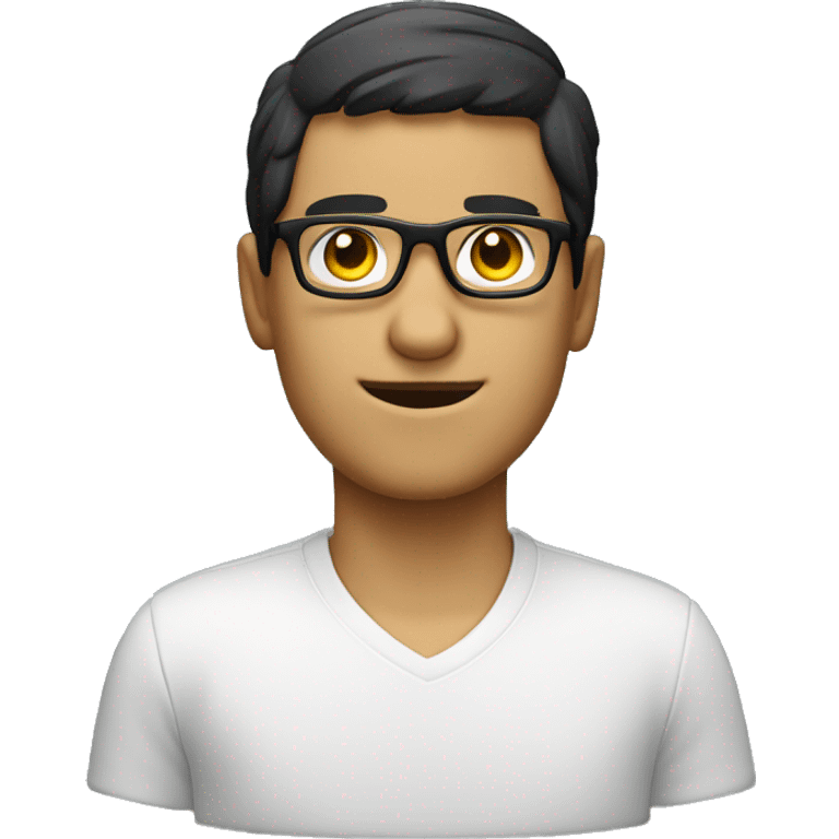 a guy with black squared glasses, half raced on a computer coding emoji