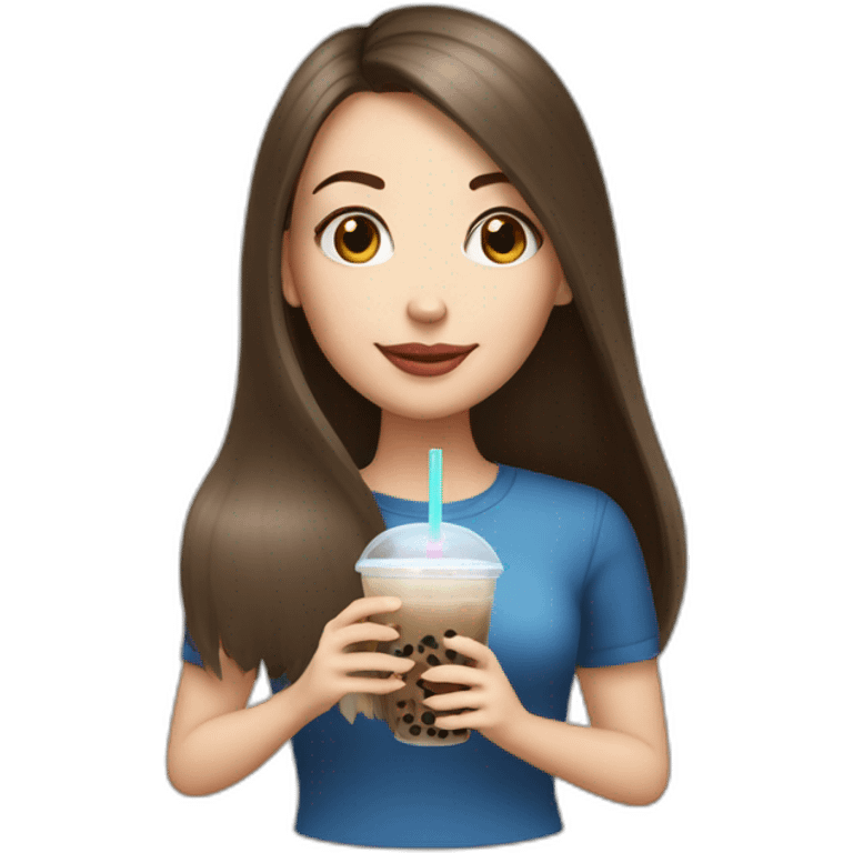 a brunette white girl with long straight hair holding an ipad and bubble tea emoji