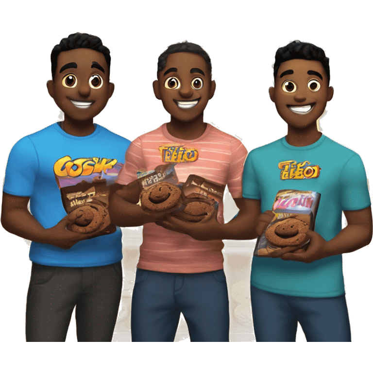 The Costco guys from TikTok, big justice and aj, holding double chunk chocolate cookies and chicken bakes with a comic book boom background emoji